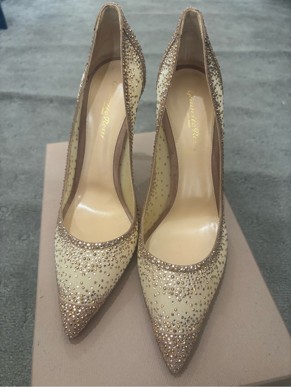 Gianvito Rossi Swarovski crystal embellished Cream and Gold Pointed-Toe Pumps